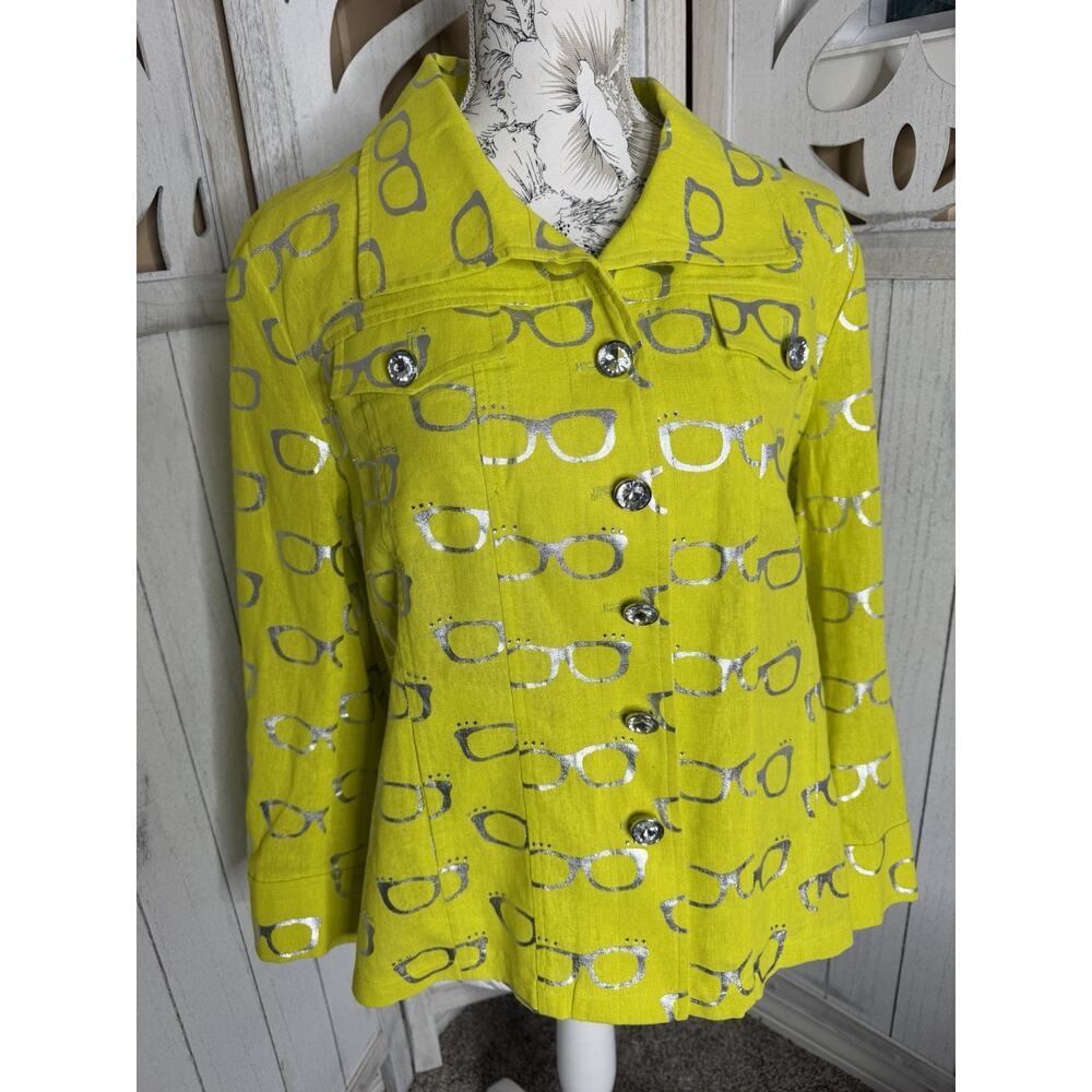 Berek Linen Jacket Diamond Rhinestones Glasses Neon Yellow Art To Wear Large